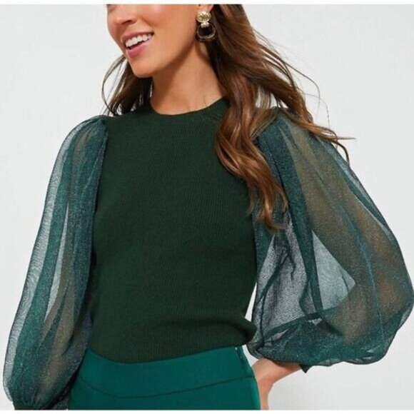 Tuckernuck Betsy Mixed Media Sparkle Blouse Deep Green Knit Top Women’s Size M - Picture 1 of 5